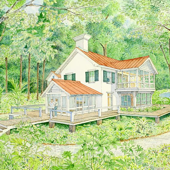 Exterior watercolor rendering for a new Vero Beach, FL home.